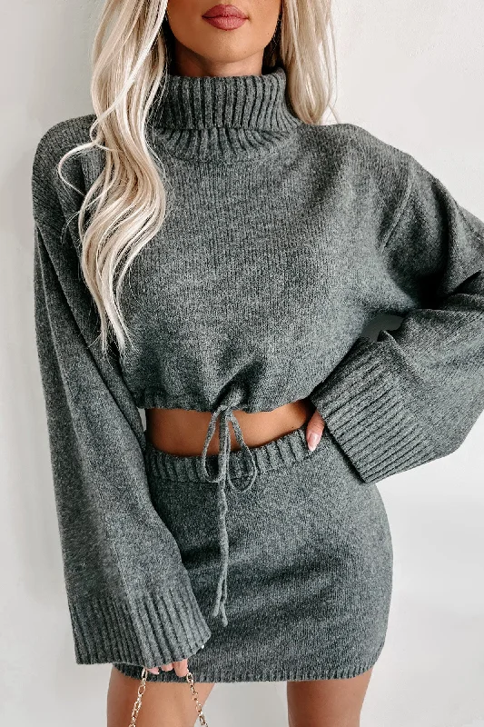 Women's Casual and Dressy Outfits Change In The Weather Sweater Knit Crop Top & Skirt Set (Charcoal)