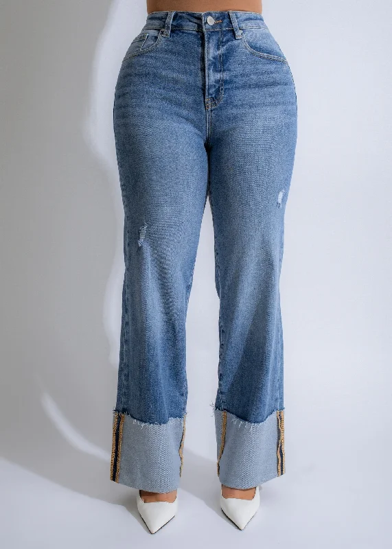 Chic Wardrobe Cuffed Edge Distressed Jeans Light Denim