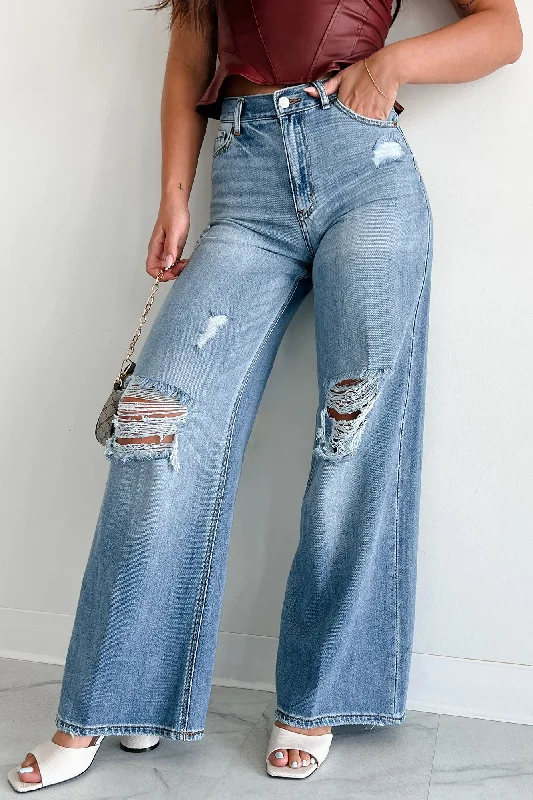 Premium Fashion Devlin Cello Distressed Knee Wide Leg Jeans (Medium Light Wash)