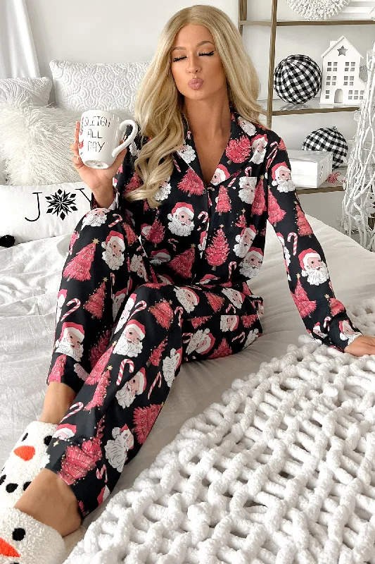 Trendy Attire For Her Holiday Traditions Silky 3-Piece Printed Pajama Set (Pink Santa Print)