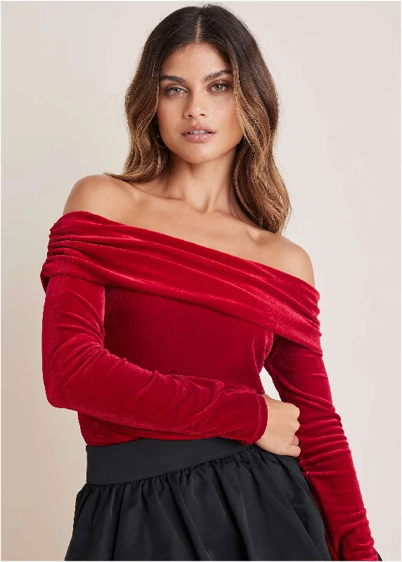 Clothes Women Off-The-Shoulder Velvet Top - Haute Red